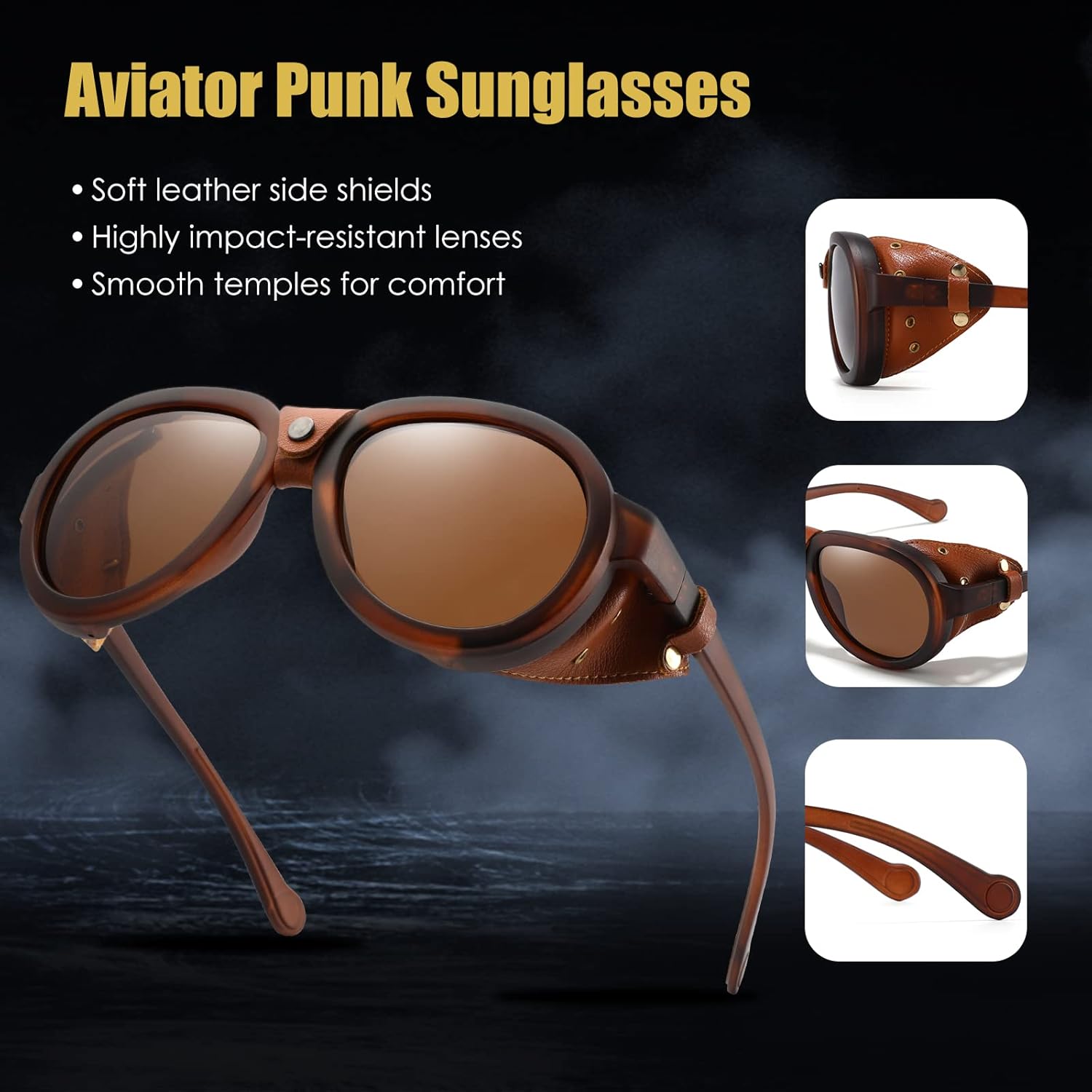 Retro Aviator Steampunk Polarized Sunglasses with Leather Side Shield Vintage Goggles Gothic Eyewear for Men Women - Image 5