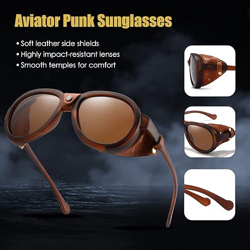Miniatura 5 de MACJERO Gafas de sol polarizadas estilo aviador retro steampunk para hombre y mujer con escudo lateral de cuero, gafas vintage góticas