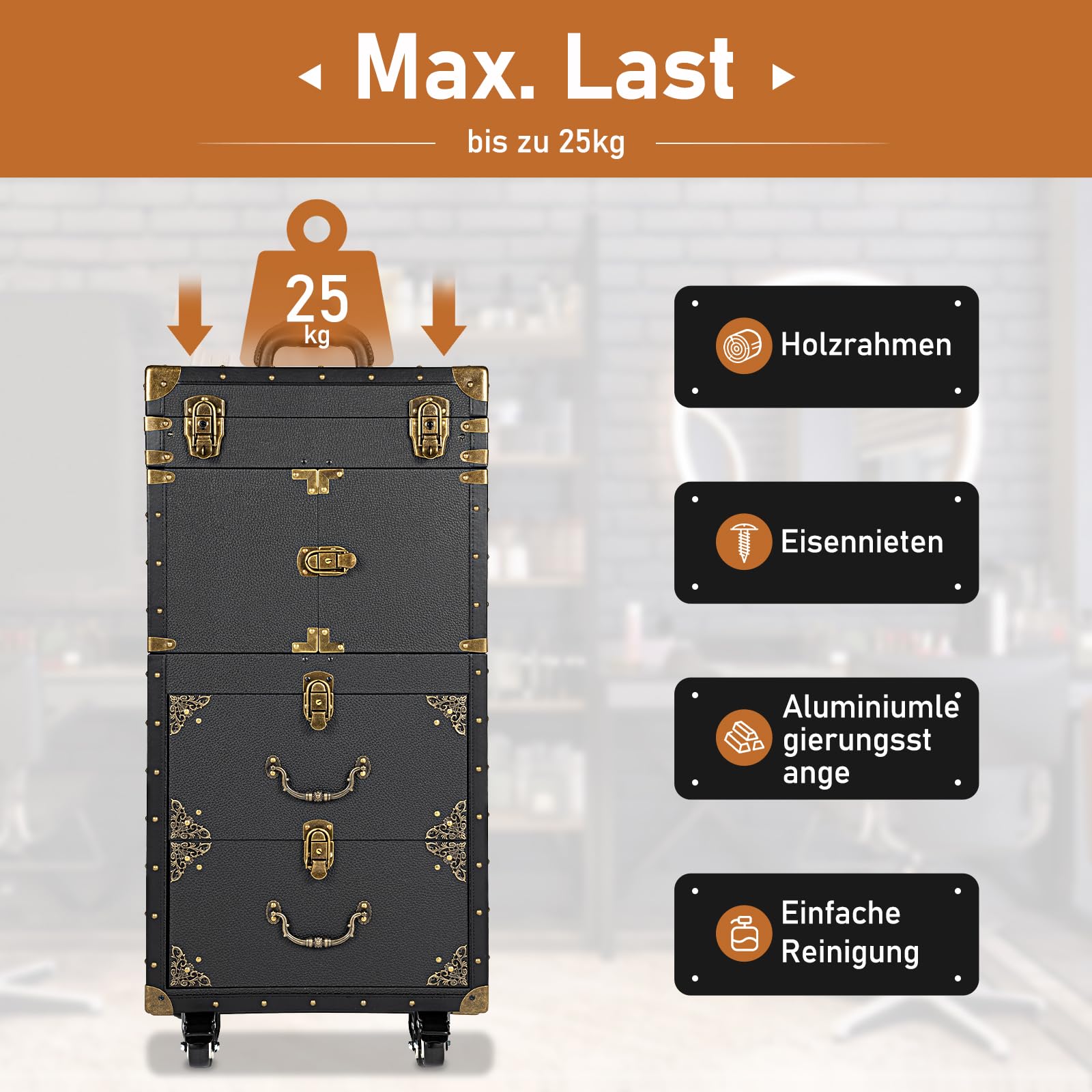 Kosmetikkoffer Trolley Retro Make Up Koffer Mit Passwortsperre 4 Ebenen Friseurkoffer Mit 360° Drehbaren Rädern Werkzeug Trolley Mit Haartrockner Halterung Schwarz