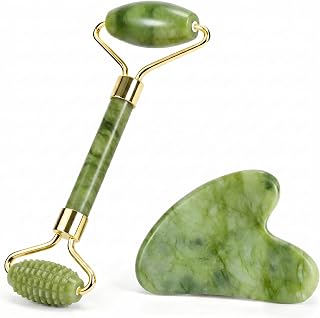 Natural Jade Roller & Gua Sha Tool Set, Face & Skin Care Tools, Lymphatic Drainage, Anti-Aging Wrinkle Reducer, Puffiness & Dark Circles, Skin Tightening & Glow, Natural