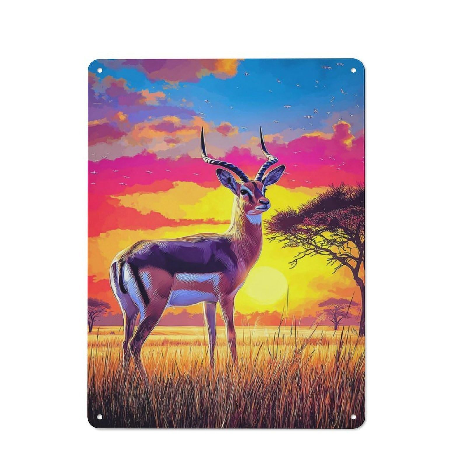 Junmoney Antelope Sunset Safari Scene For Man Cave Or Games Room, Retro Metal Plaque 40X30cm, For Metal Sign Collectors, For Garage And Workshop Walls