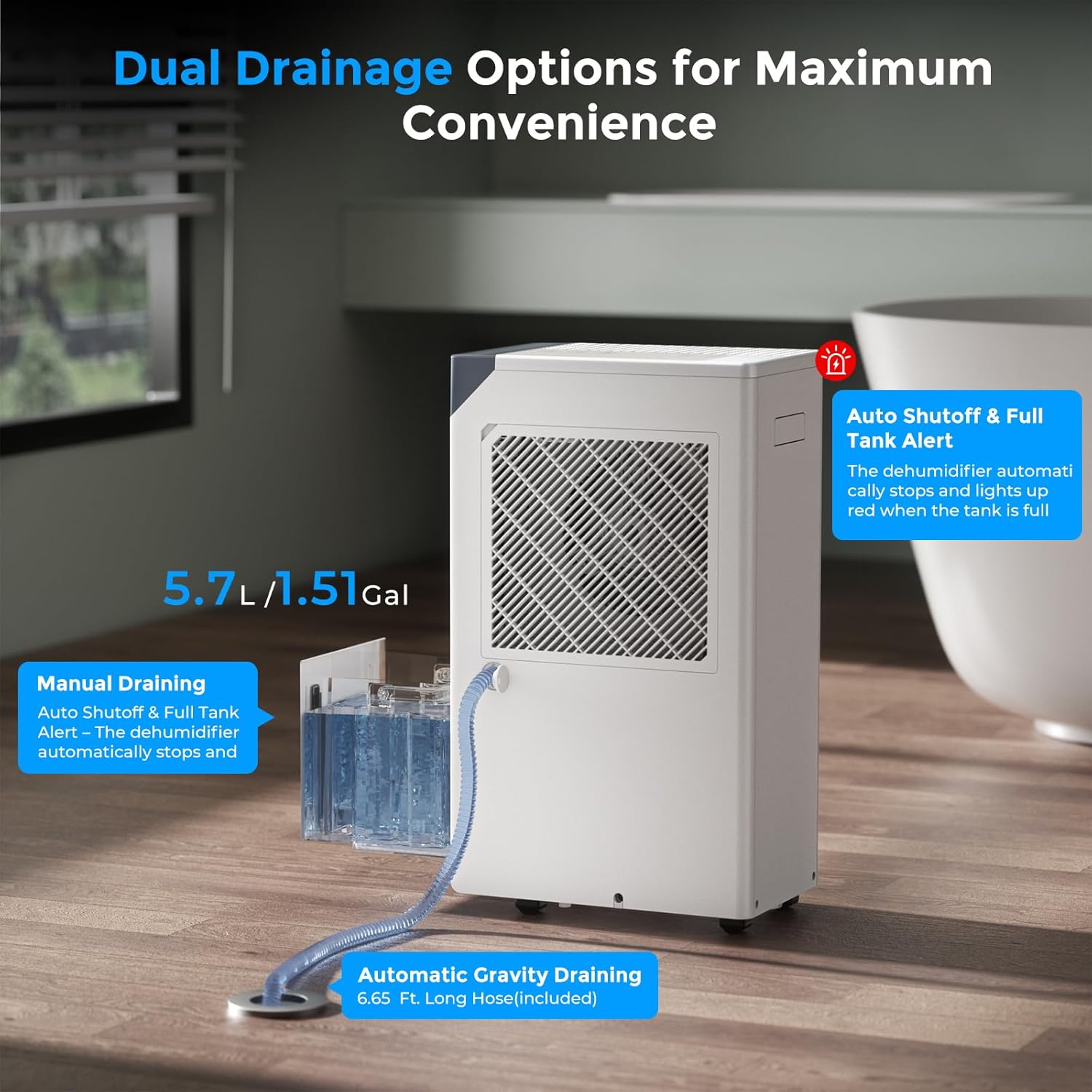 Diagram showing dual drainage options for the boglvr LIBRA dehumidifier: manual tank drainage and automatic gravity drainage with a hose.