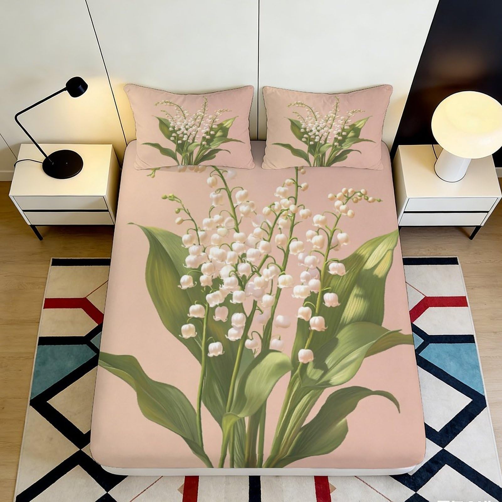 3D Printed Lily of the Valley Fitted Sheet Microfiber Pink Floral Mattress Cover for Bedroom Guest Room Protection Decor 90x200x25cm