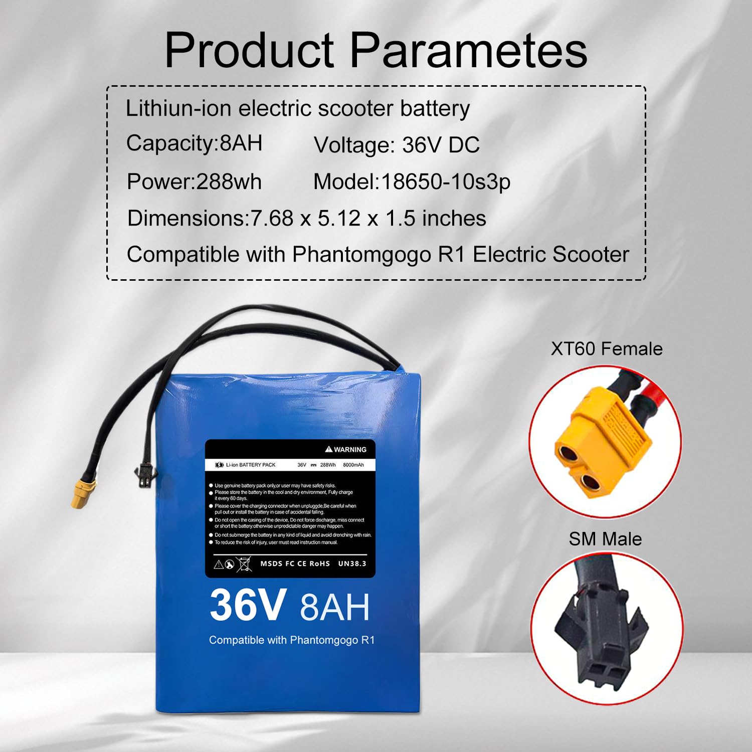 36V 8AH Electric Scooter Battery - Compatible with Phantomgogo R1 Electric Scooter, 36V 8Ah Rechargeable Replacement Battery Pack, 7.68 x 5.12 x 1.5 inches