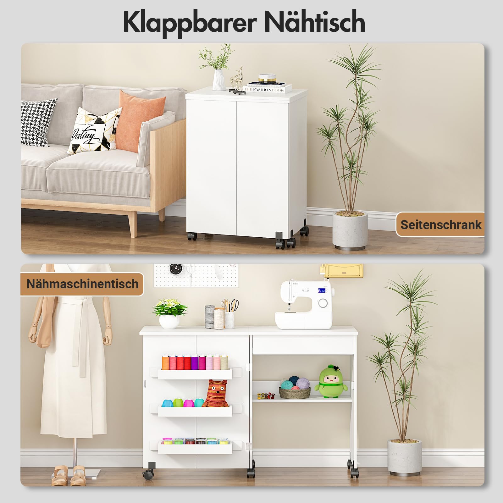 Nähtisch Klappbar, 2-in-1 Nähmaschinentisch, Nähmaschinenschrank mit Offenen Ablagefächern und Rollen, Nähschrank Basteltisch, Mehrzwecktisch für Wohnzimmer Arbeitszimmer Schlafzimmer Braun (Weiß)