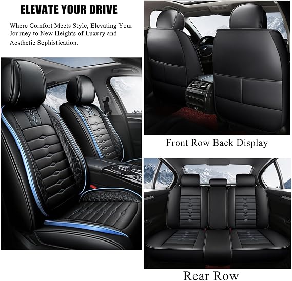 2 Seat Covers for Ford Fiesta 2011-2019 Nappa Leather Car Seat Covers Waterproof and Dustproof Car Seat Protectors Comfort Car Seat Covers with Airbag(Black+Blue Bars)