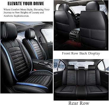 2 Seat Covers for Ford Fiesta 2011-2019 Nappa Leather Car Seat Covers Waterproof and Dustproof Car Seat Protectors Comfort Car Seat Covers with Airbag(Black+Blue Bars)