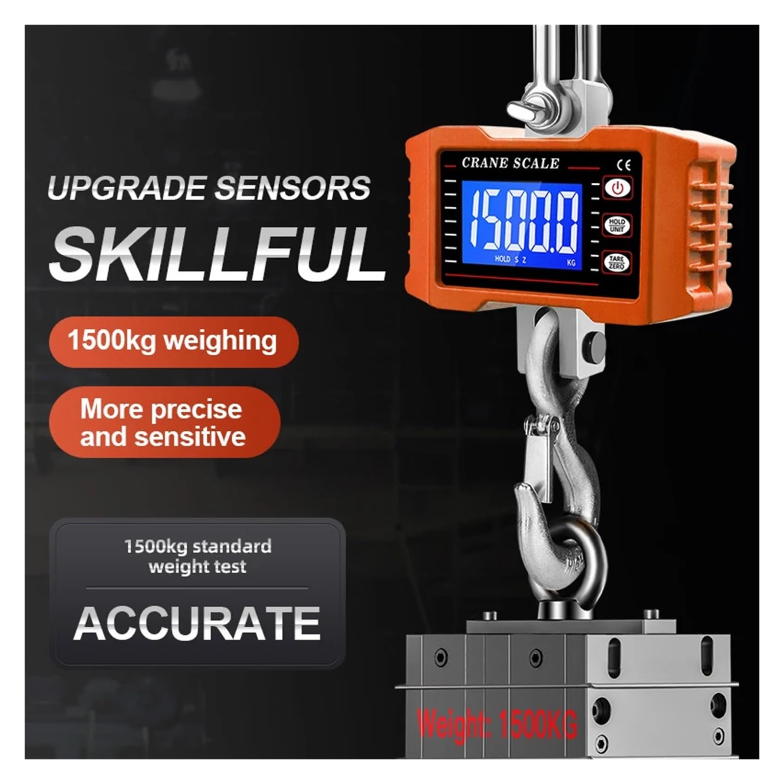 Bilancia digitale sospesa 1000 kg 1500 kg LCD retroilluminato 3306 libbre Pesatrice con gancio industriale in acciaio con serratura Molteplici funzioni(300KG)