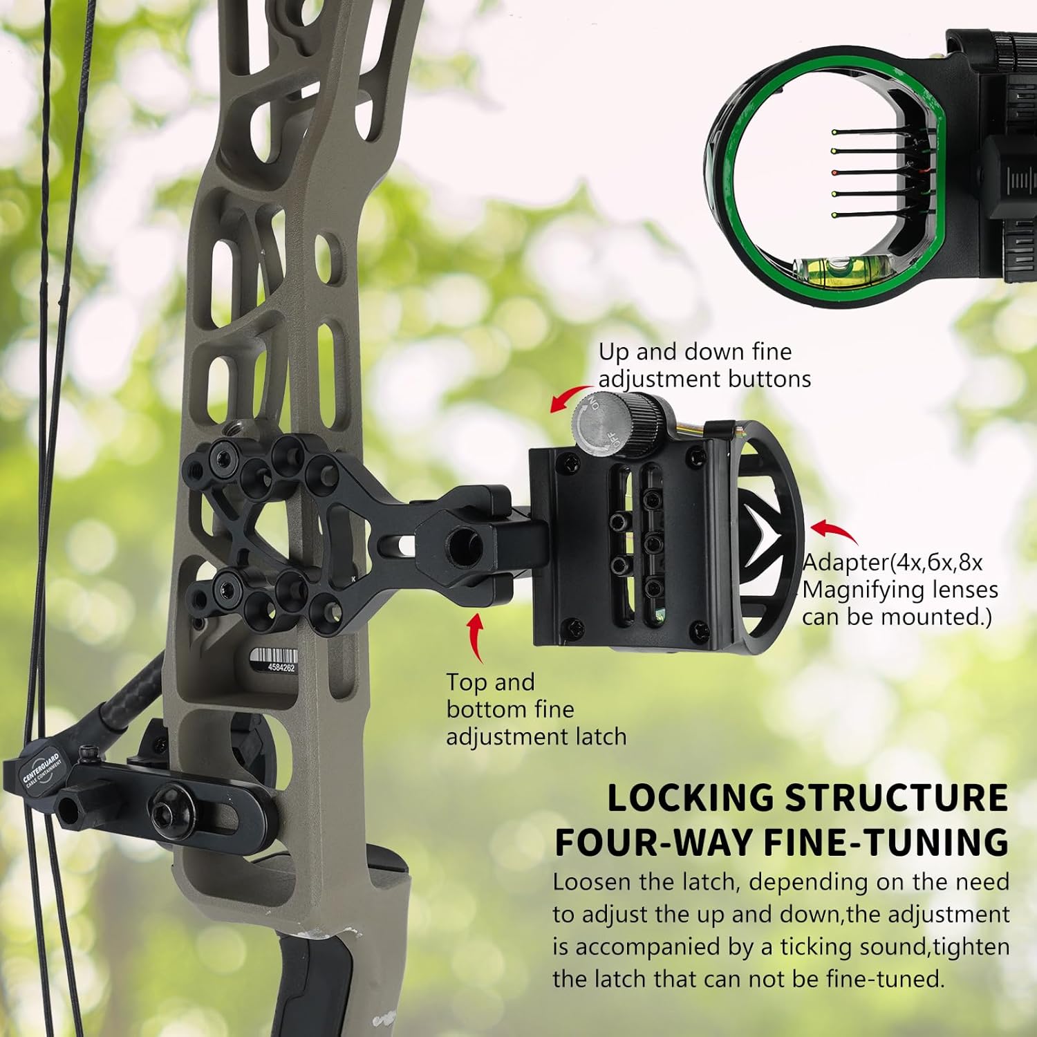 Archery 5-Pin Bow Sight - 0.019" Fiber, Brass Pin, Aluminum Machined - Right and Left Handed, with Hi-Vis Level for Archery, Hunting, Shooting