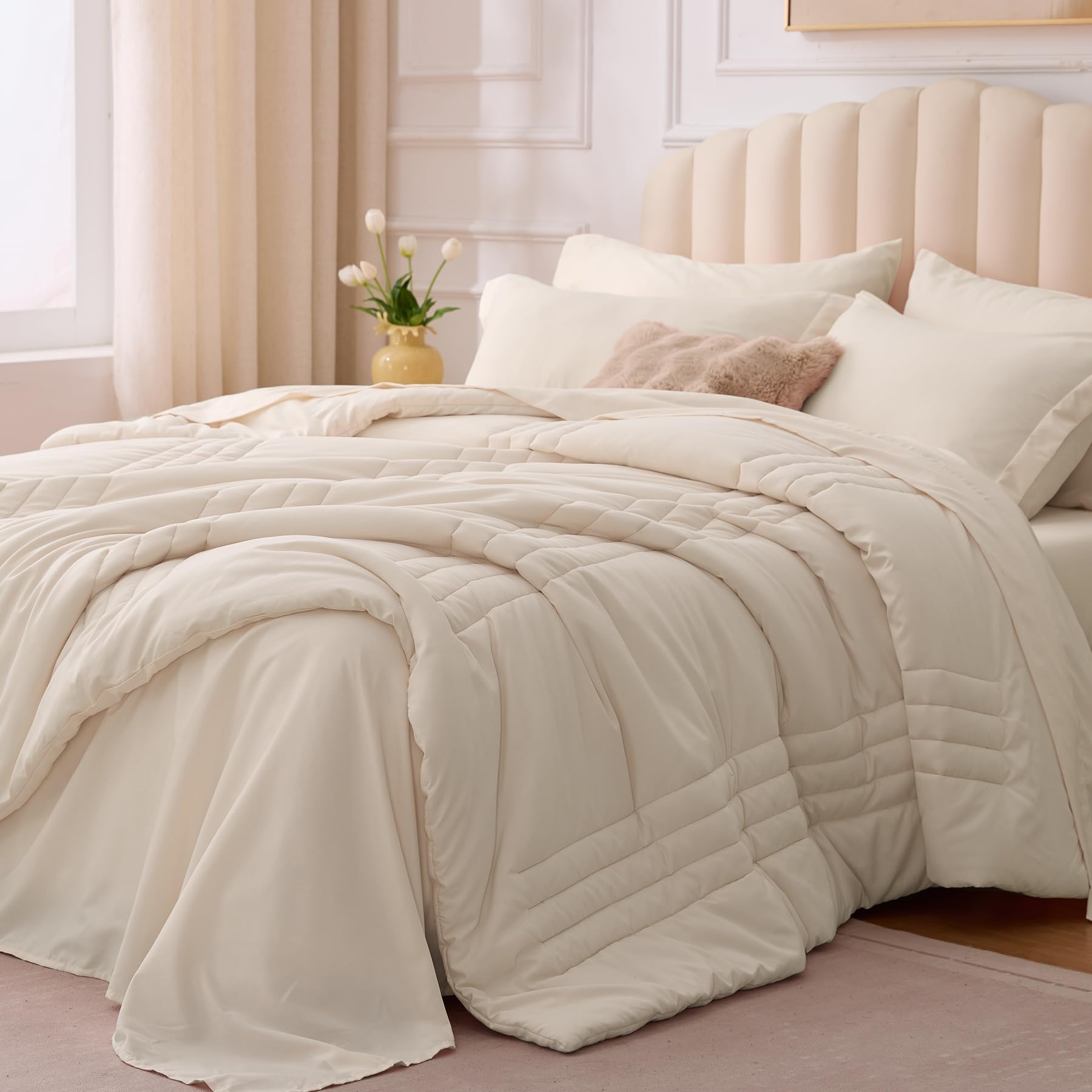 Velorose Queen Comforter Set Beige 7 Pieces