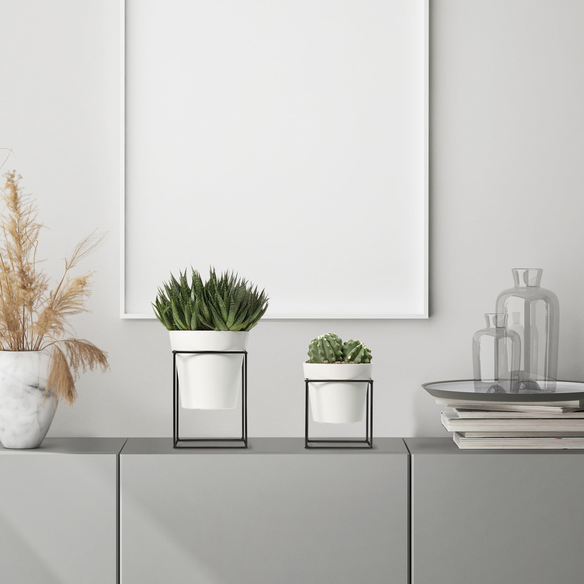 Nicoli set 2 Pezzi Vasi Fiori Alti 20cm e 16cm Colonna Rettangolare Metallo nero per fiori decorazioni per casa e ufficio espositori geometrici con vasi diametro 16cm e 14cm (NERO/TORTORA)
