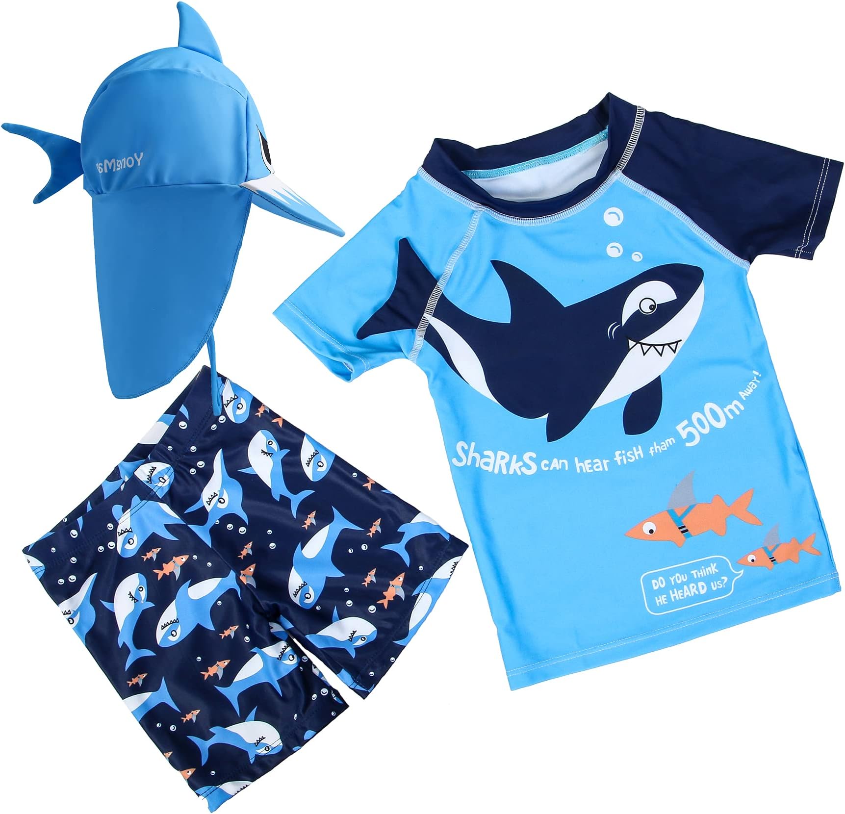 SGMWVBToddler Baby Boys Three-Pieces Swimwear Swimsuit Set Infant Trunk and Rashguard with Hat UPF 50+