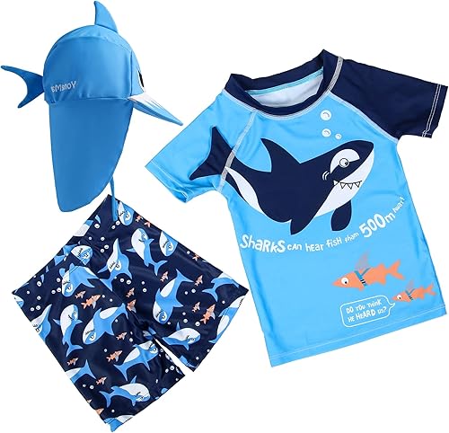 SGMWVB Baby and Toddler Boys' 3-Piece Swimsuit Set Kids Blue Shark Bathing Suit 