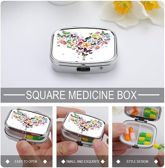 Pill Case Butterfly Heart Shape Pill Box with Mirror Retro Pocket 2 Compartment Medicine Case Vitamin Pill Organizer for Pocket Purse and Travel Gifts, Picture (942)