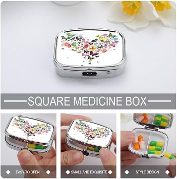 Pill Case Butterfly Heart Shape Pill Box with Mirror Retro Pocket 2 Compartment Medicine Case Vitamin Pill Organizer for Pocket Purse and Travel Gifts, Picture (942)