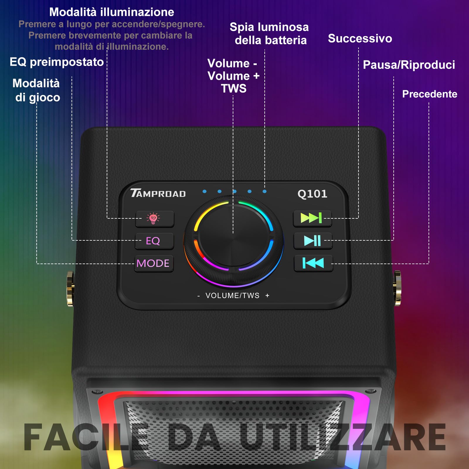 Altoparlante Bluetooth Wireless, 120 W di picco wireless TWS cassa bluetooth, altoparlanti portatili per feste all'aperto con subwoofer, bassi profondi, 6 luci LED colorate (Nero)