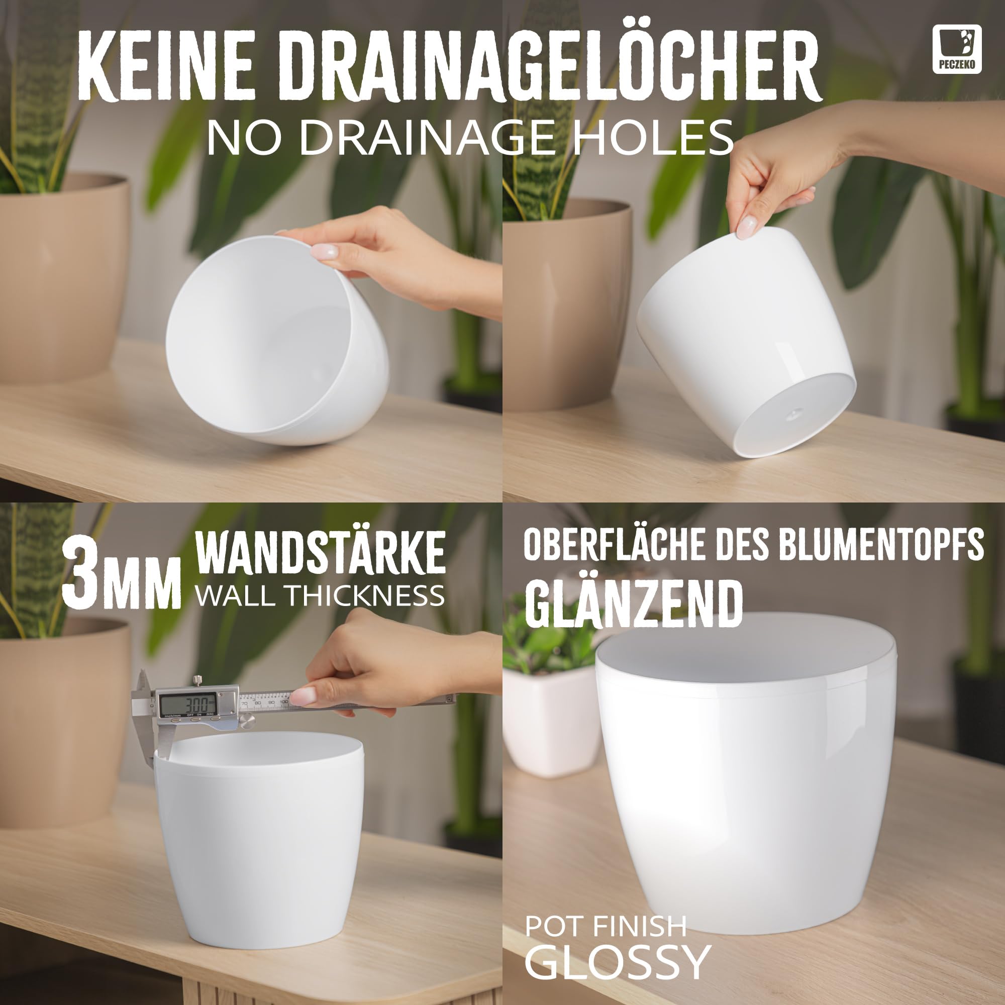 Set di 2 vasi decorativi per fiori ed erbe aromatiche, resistenti e leggeri, rotondi, in plastica, per soggiorno e sala da pranzo, cucina, terrazza, balcone, (bianco, diametro 36 cm)