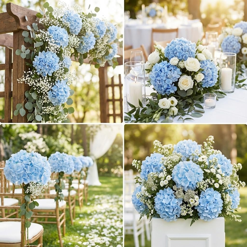 65PCS Blue Artificial Hydrangea Flowers Bulk with Stems, Silk Faux Hydrangea Heads for Nautical Theme Party