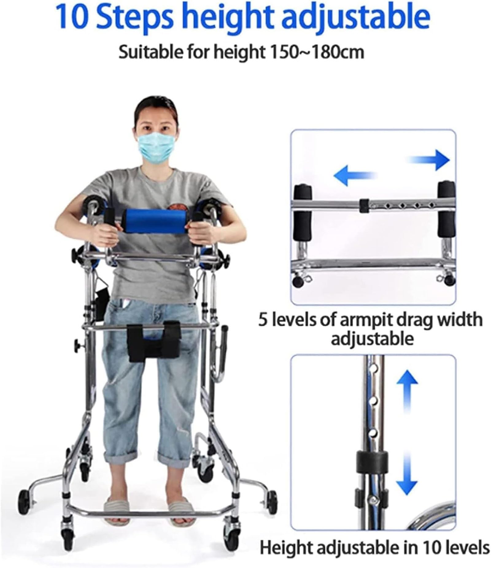 Andador plegable, con asiento, Bipedestador de Rehabilitación Ajustable con 8 Ruedas, Ayuda a la Movilidad para Caminar Ligero, Rollator Médico para Ancianos, Discapacitados