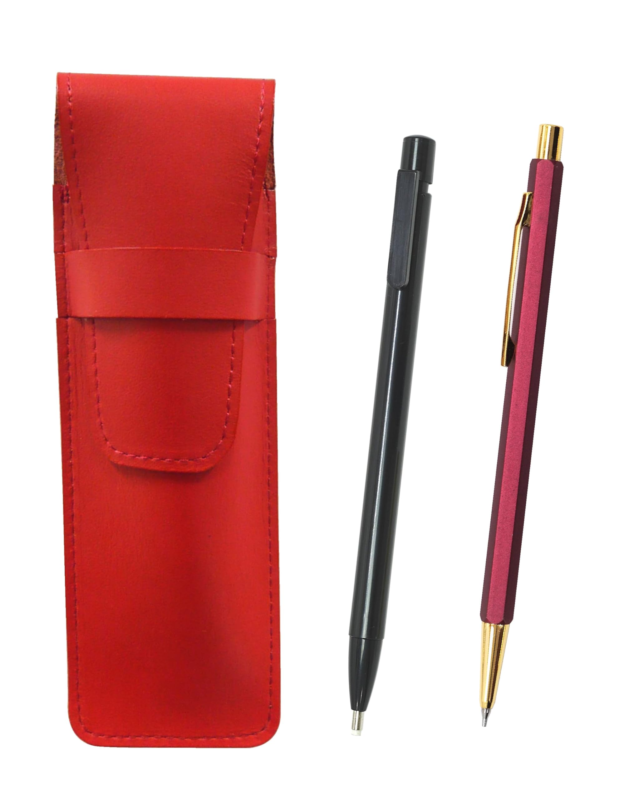 Amazon | 2個パック スリム牛革ペンケース赤 極細ノック式消しゴム黒と