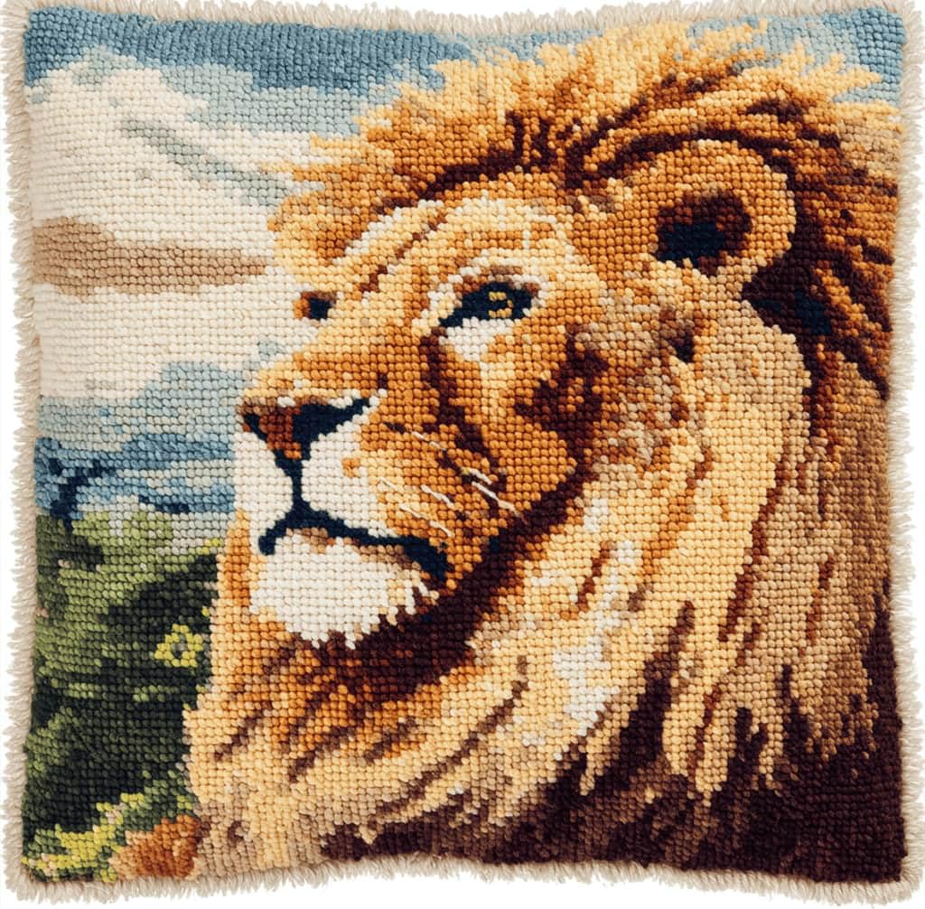 Latch Hook DIY Pillow Kit,Jungle Lion Handmade Cushion Cover 43X43Cm