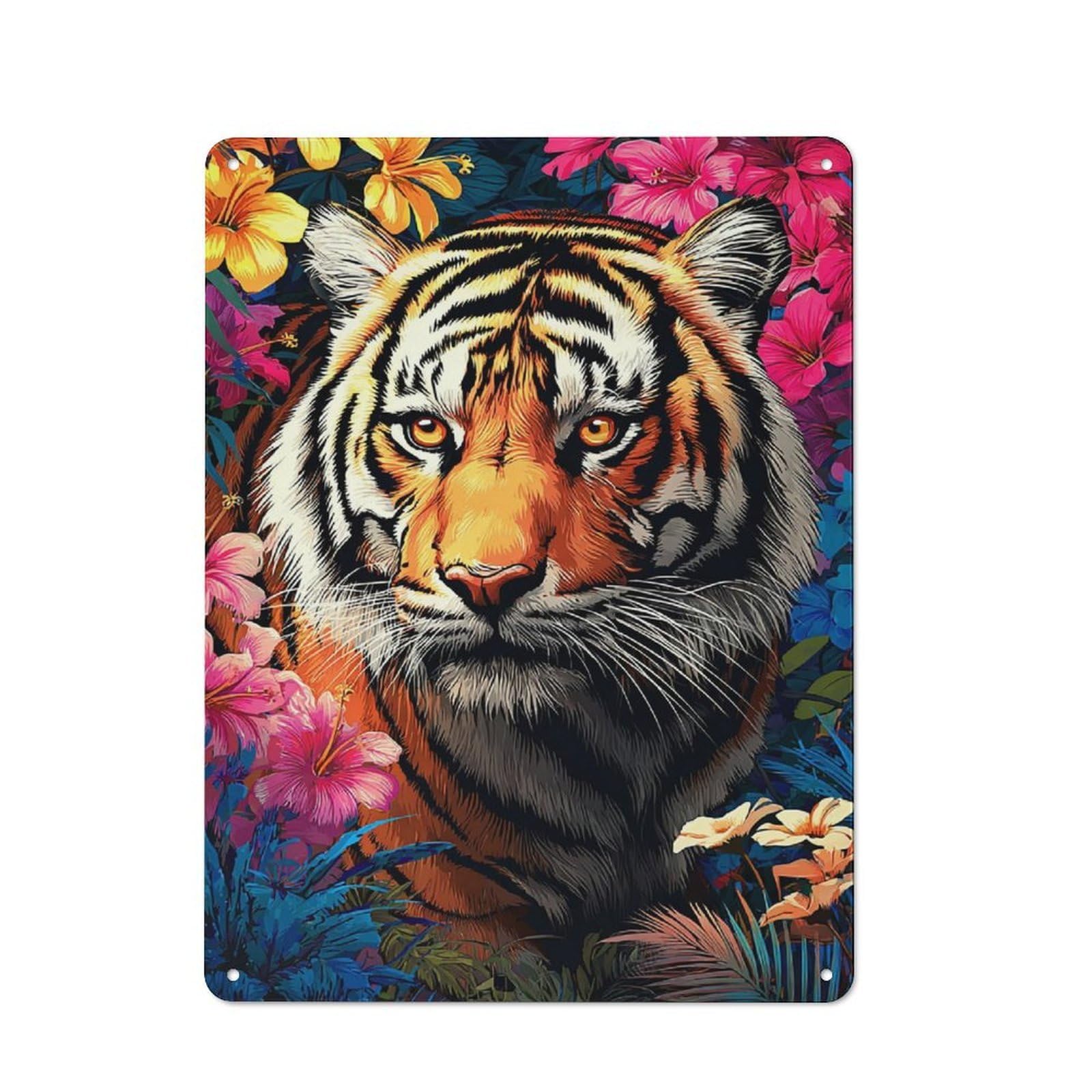 Retro Metal Sign with Tiger Amidst Vibrant Flowers Design 40x30cm, Distressed Look Retro Room Decor for Living Room, Hallway, Kitchen Or Cafe