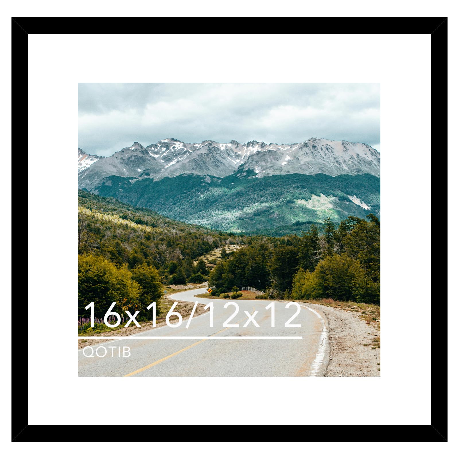 QOTIB Wood 16x16 Picture Frame with 12x12 Mat Black, Display 12x12 with Mat or 16x16 without Mat, Wood 16 by 16 Photo Frame, 16 x 16 Frame for Wall Hanging Display, Black