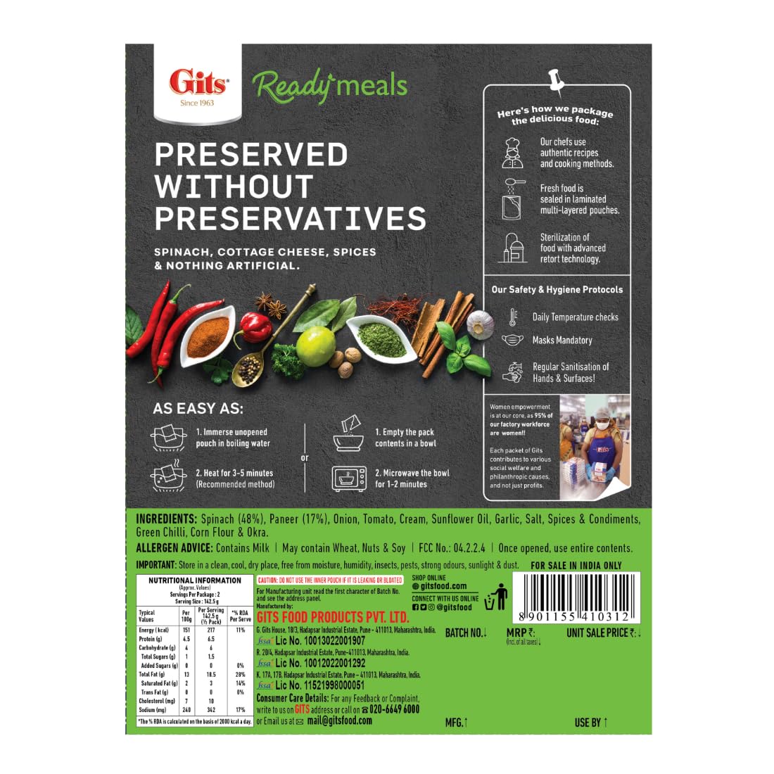 Gits Ready to Eat Palak Paneer, Pure Veg, Heat and Eat Indian Dish, Microwaveable, 855g (Pack of 3 X 285g Each) - Image 2 thumbnail