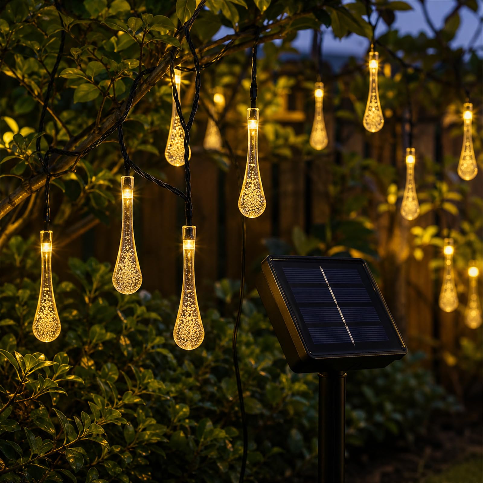 ENEN Water Droplets LED Solar Lights Outdoor Garden, 8 Modes Hanging Indoor/Garden Lights, IP43 Waterproof Garden Ornaments Outdoor, for Gazebo Home Party Wedding Decor (Warm White,7M/50LED)