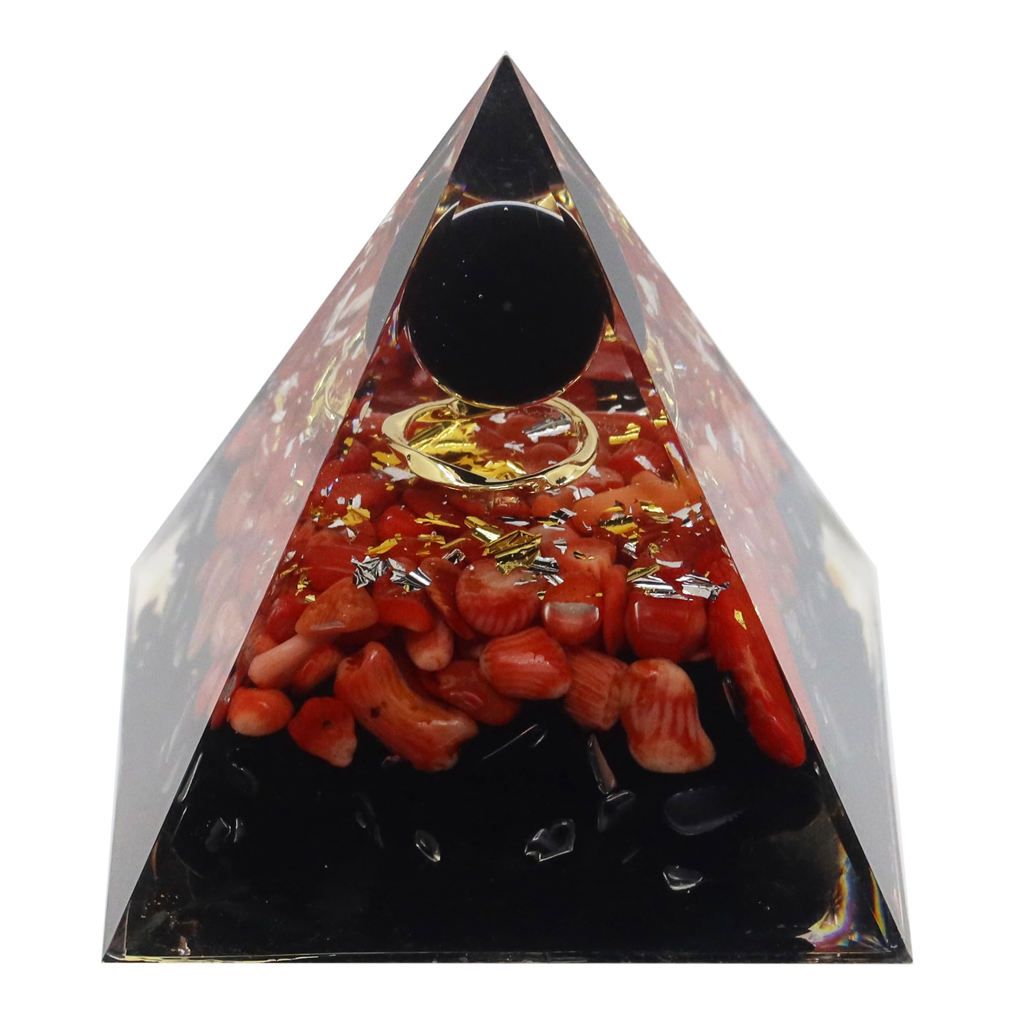 Orgone Pyramid, Mysterious Black Obsidian Planet & Red Coral, Healing Crystals Orgonite Pyramids for Meditation Spirituality Metaphysics, NP01001-02069