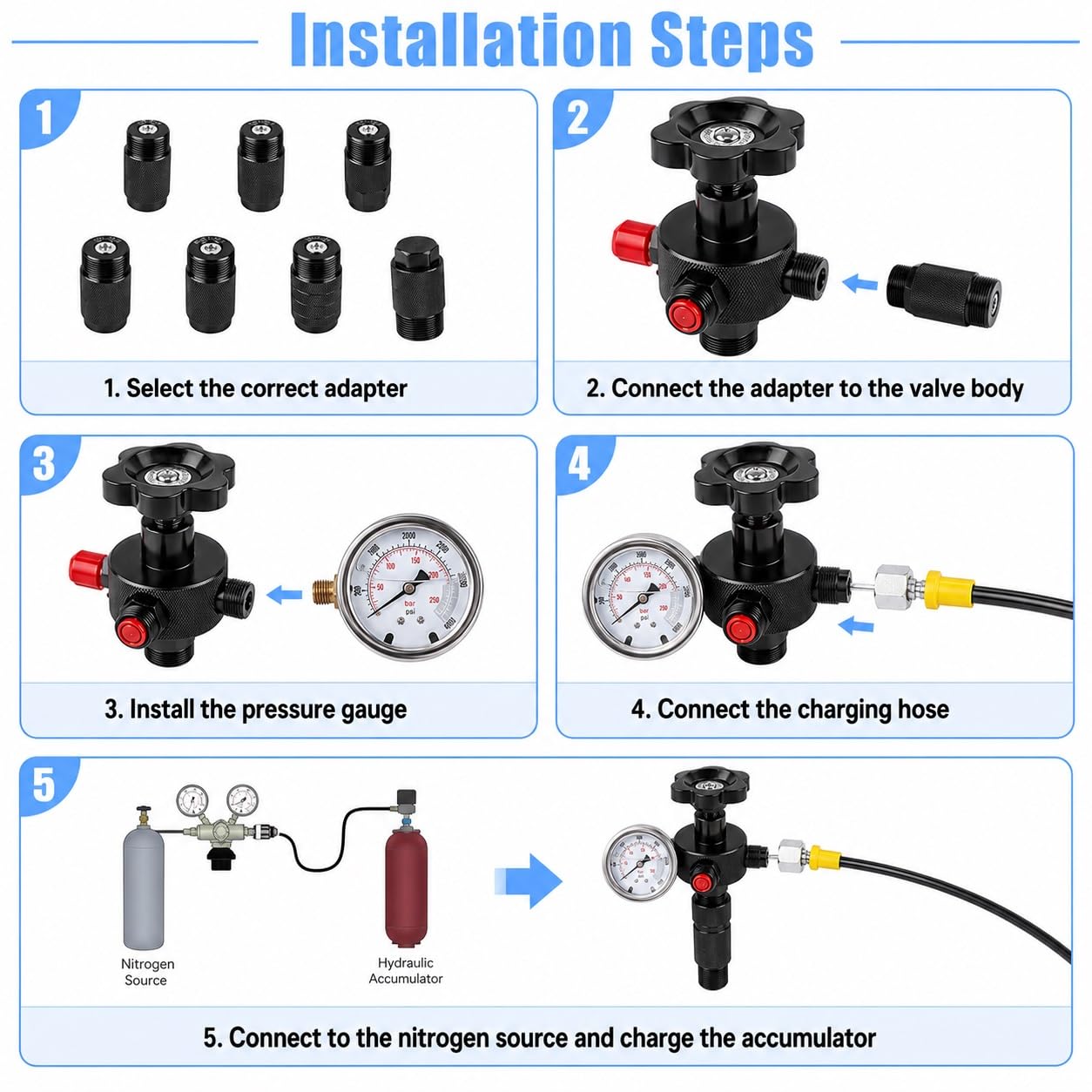 Kit de carga del acumulador de nitrógeno hidráulico | 7 acoplamientos, manguera de gas de 2 M y adaptador de prueba de presiónHerramientas de carga de gas con 3 Ga
