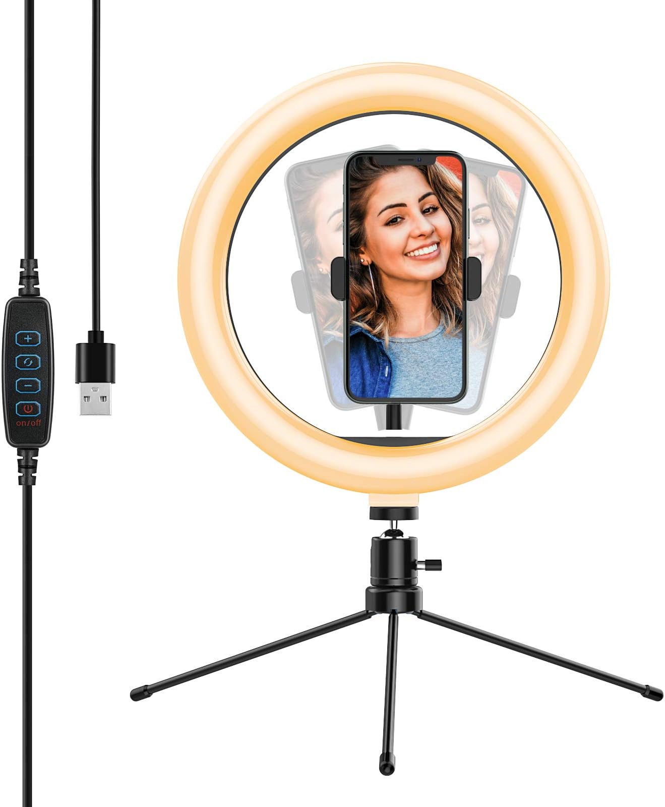 yoozon 10” LED Ring Light with Tripod Stand & Phone Holder, Dimmable Desktop Ring Light Kit with 3 Colors & 10 Brightness for Youtube Video, Makeup, Selfie, Photography, Live Streaming, Tiktok
