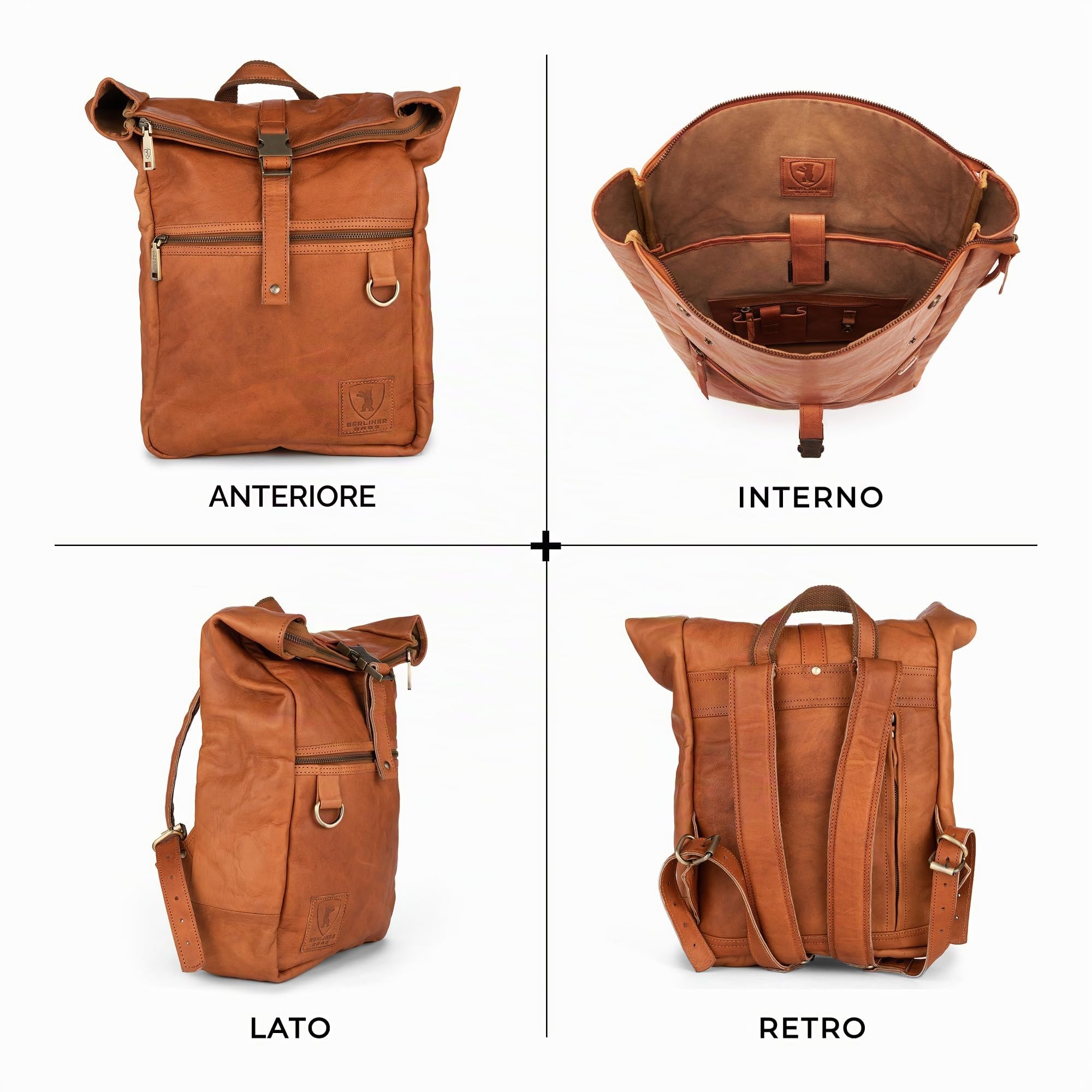Berliner Bags Zaino Utrecht M in Vera Pelle Conciata al Vegetale, Rolltop con Scomparto per Laptop 15”, Formato Medio per Lavoro e Città, Uomo e Donna – Marrone