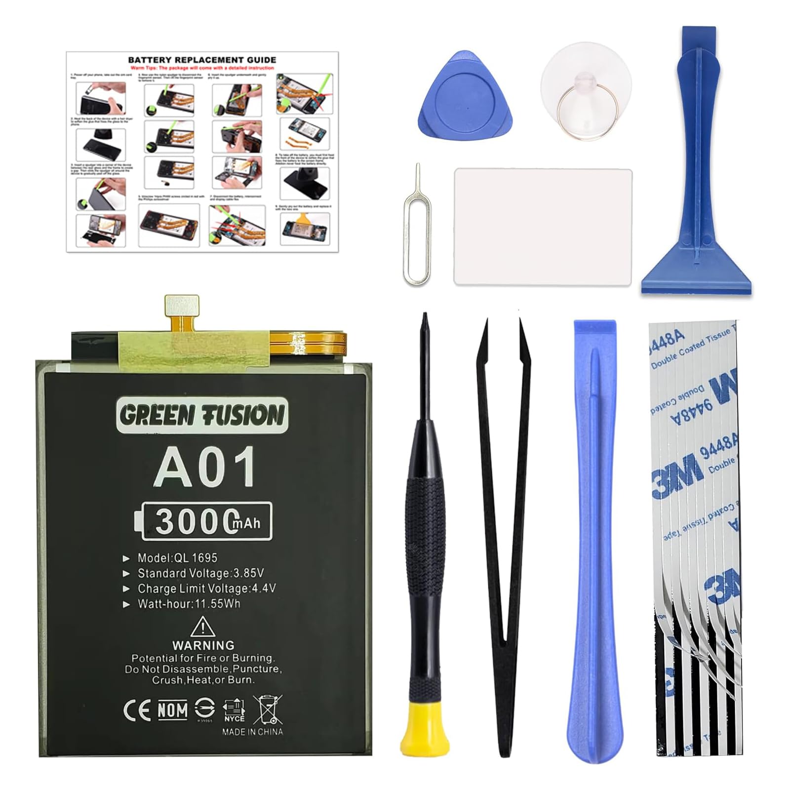 GREEN FUSION for Galaxy A01 Battery Replacement, QL1695 Battery for Samsung Galaxy A01 All Models New Upgrade with Installation Instruction &amp; Repair Toolkit SM-A015F, SM-A015F/DS, SM-A015G