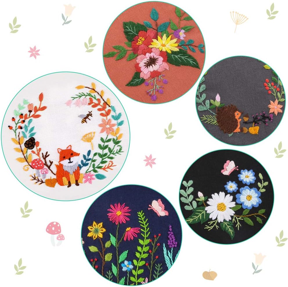 Caydo 5 Sets Embroidery Starter Kit with Pattern and Instructions, Cross Stitch Kit Include 5 Embroidery Clothes with Floral Pattern, Embroidery Hoop, Color Threads and Tools