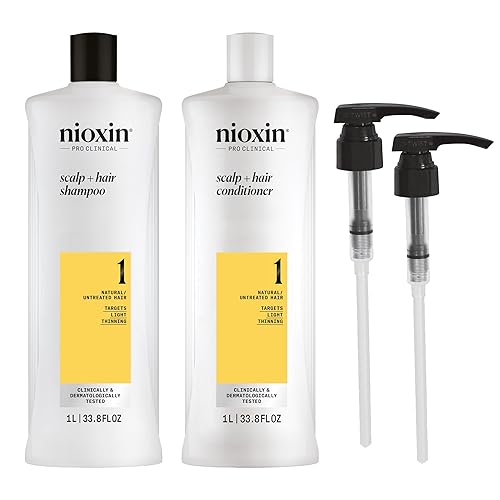 Nioxin System 1 - Prepaquete de champú y acondicionador, cabello natural con adelgazamiento ligero, bombas incluidas, 33.8 onzas líquidas