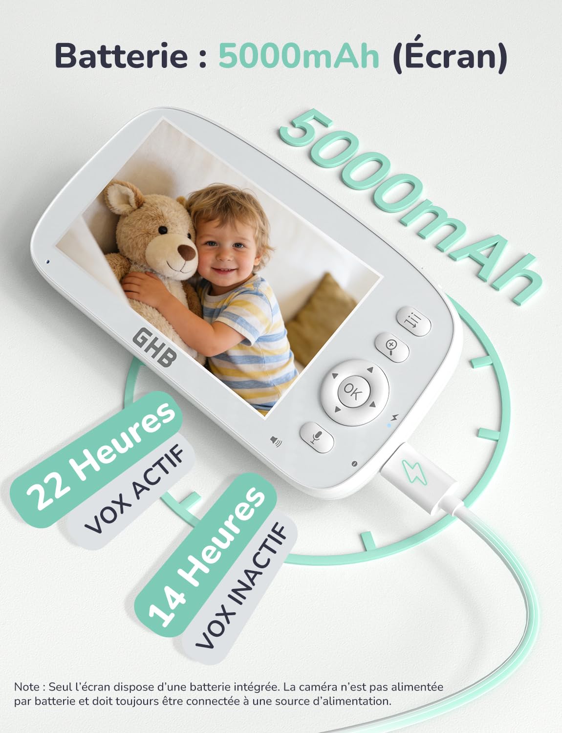 GHB Babyphone Camera Bebe Surveillance Rotation de 350°/110° Baby Phone Écran de 5" 2,4 GHz VOX Mode Capteur de Température Communication Bidirectionnelle 5 Berceuses Vision Nocturne sans WiFi