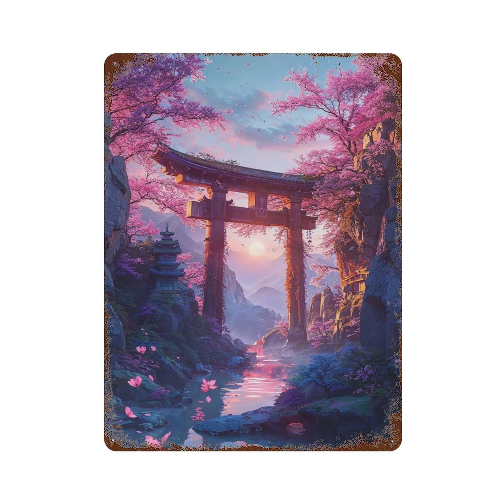 Tranquil Torii Horizon Weathered Tin Sign 15.7"x11.8", Retro Wall Decor for Pub, Kitchen And Man Cave Decor