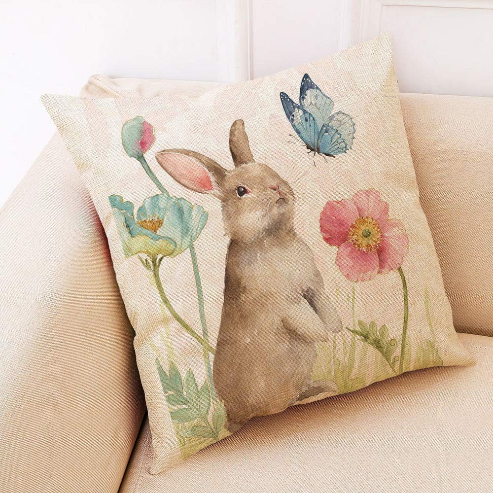 BCKAKQA Easter Pillow Case 18x18 inch Linen Cushion Covers 45cm x 45cm Set of 4 Square Throw Pillow Covers for Living Room Sofa Couch Decor (Flower and Rabbit) - Image 4