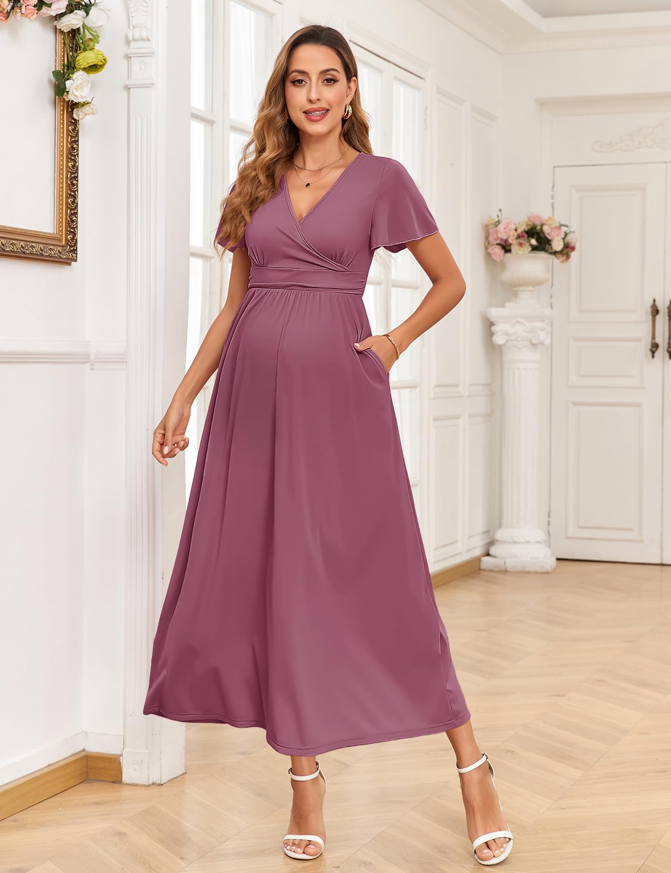AISWI 2025 Damen Umstandskleid, Maxikleid, langärmelig, Wickelkleid, V-Ausschnitt, Schwangerschaftskleider mit Taschen, Babyparty, Fotoshooting, formell