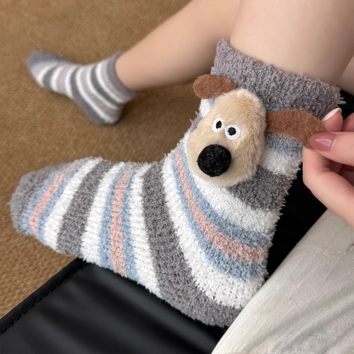 4 Pairs Womens Fuzzy Socks Winter Warm Fluffy Soft Slipper Home Sleeping Cute Dog Animal Coral Fleece Socks - Image 6