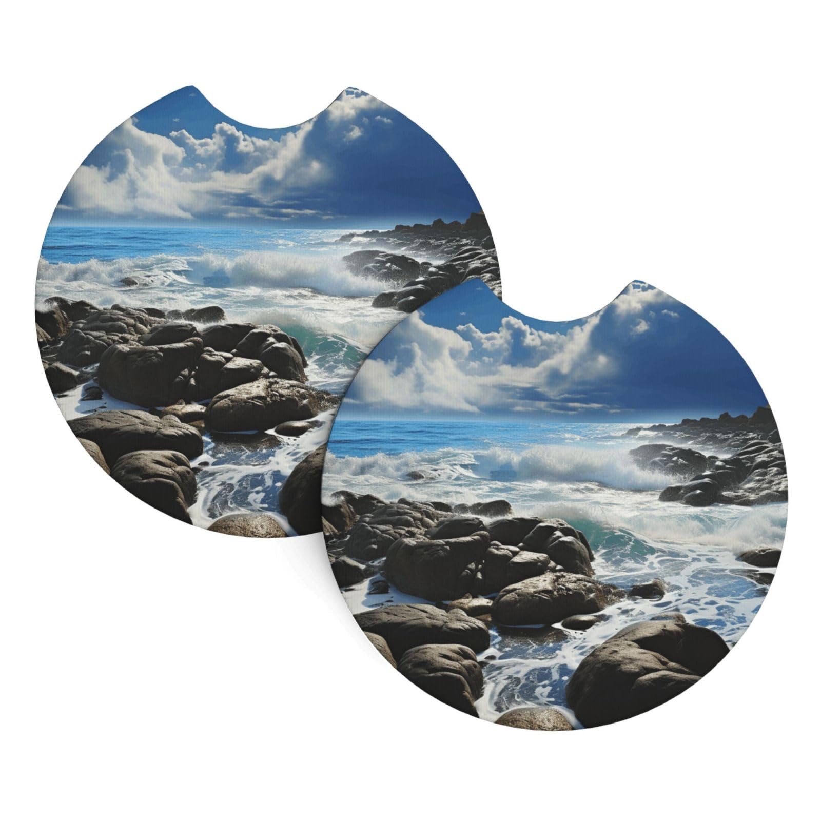 2PCS Car Coaster for Cup Holders Universal Auto Cup Mat Ocean Pouring Over Coastal Rocks Cup Coaster Pad 2.7" Waterproof Neoprene Non-Slip Cup Holder Coasters Car Interior Accessories for Women Men