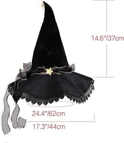 Miniatura 4 de C-ZOFEK Sombrero de bruja de terciopelo negro con ala de encaje para mujer, disfraz de mago, cosplay, fiesta de Halloween