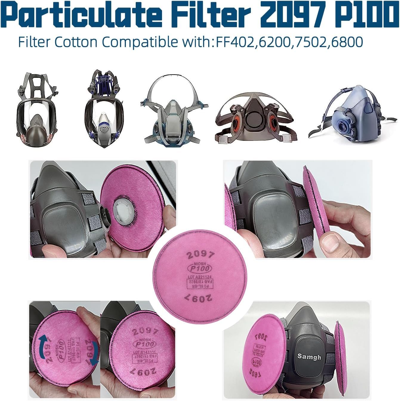 12pcs 2097 Filters for Respirator, Particulate Filter Cotton for P100 Filter Holders Filter Retainer Replacement for 6000 6200 6800 7000 FF-4 Series Breathing Mask for Against Dust (2097-12pcs) — view 4