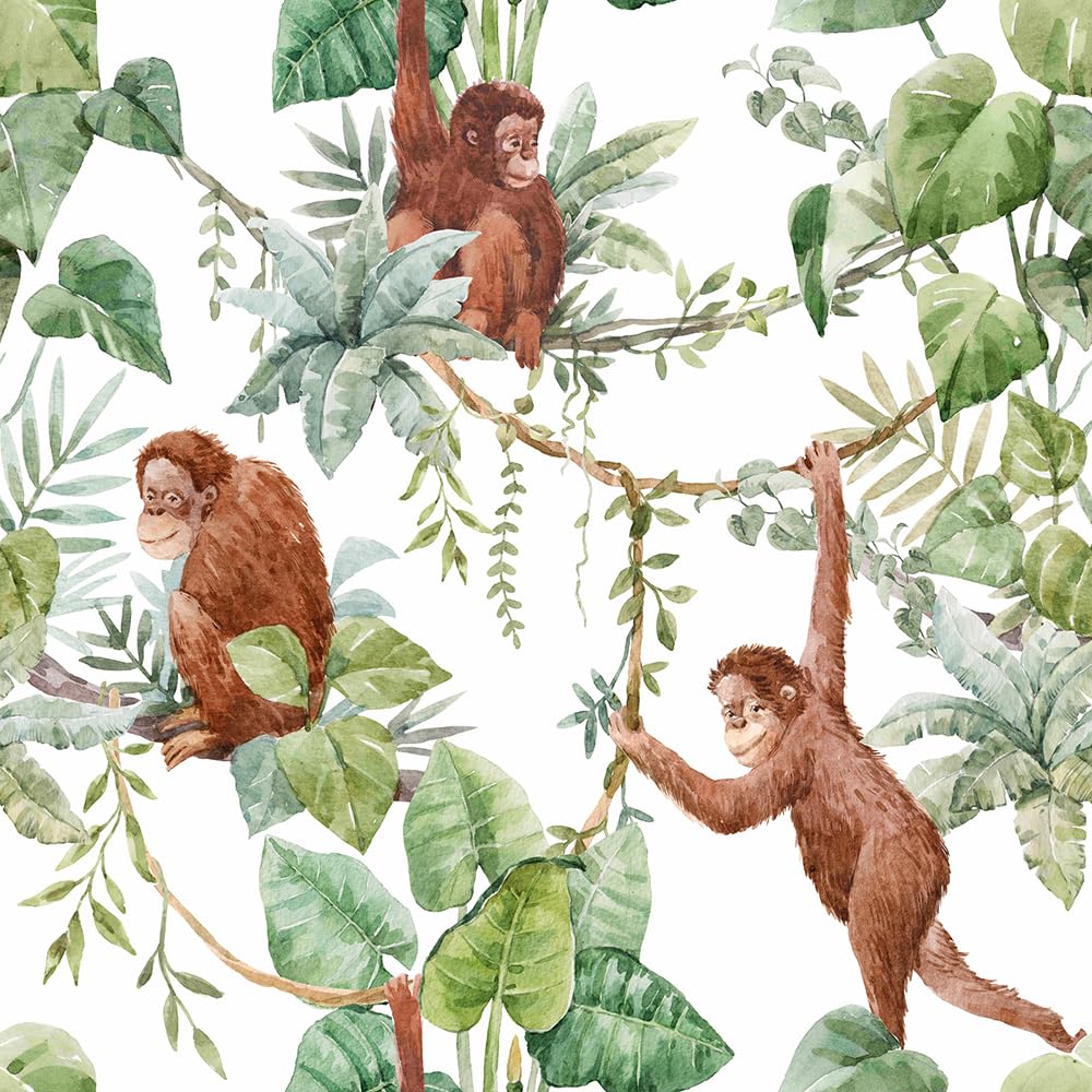 Redamancy Green Vintage Watercolor Monkey Leaves Peel And Stick Wallpaper Vintage Wall Paper Stick On Contact Paper Easy Peel Off For Nightstand Drawer Renter Friendly 17.7"X236"