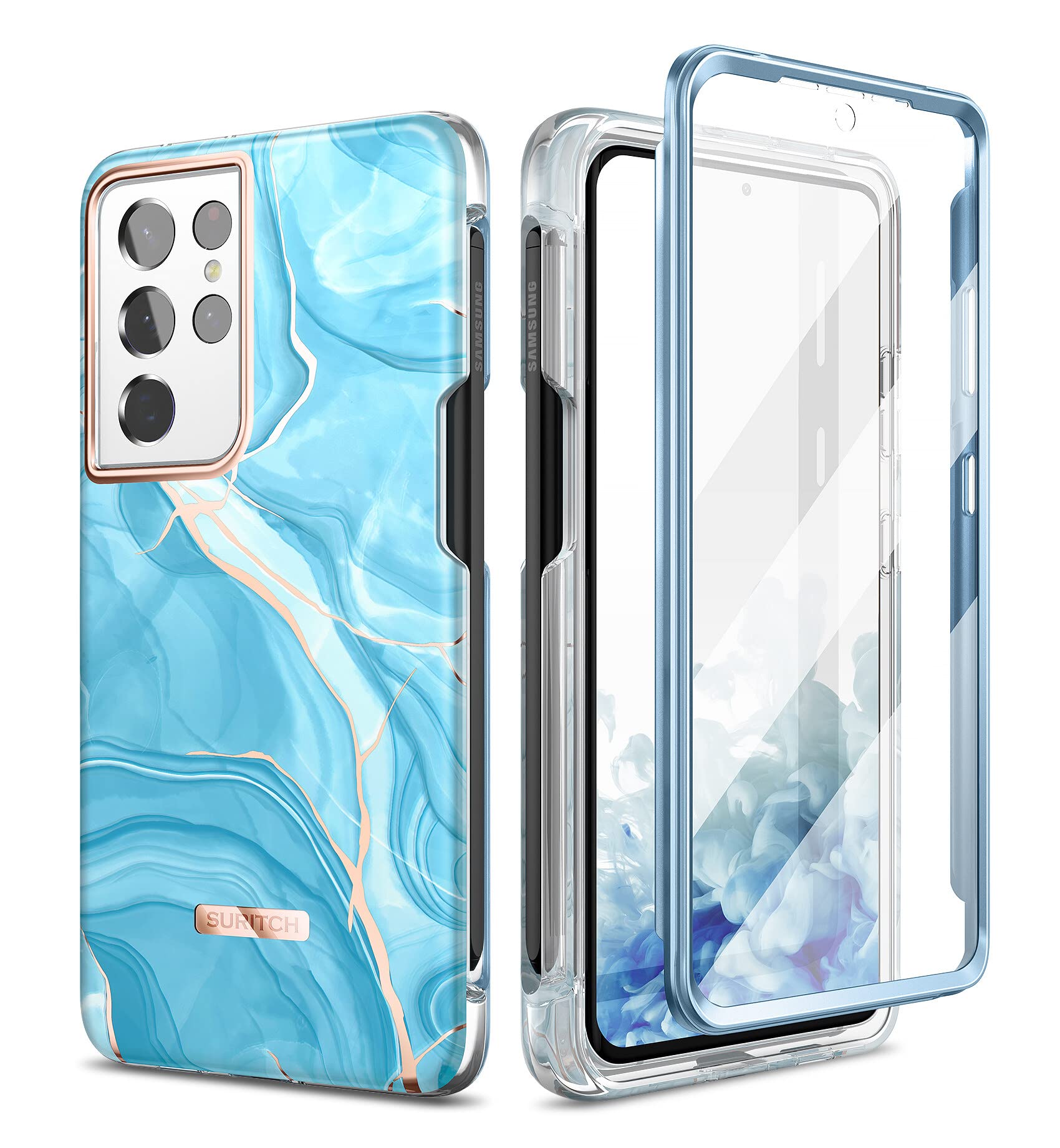 SURITCH Case for Samsung Galaxy S21 Ultra 6.8" with S-Pen Holder & Screen Protector Upgraded Dual-Layer Full Body Protection Anti-Scratch Shockproof for Woman Man, Blue Marble