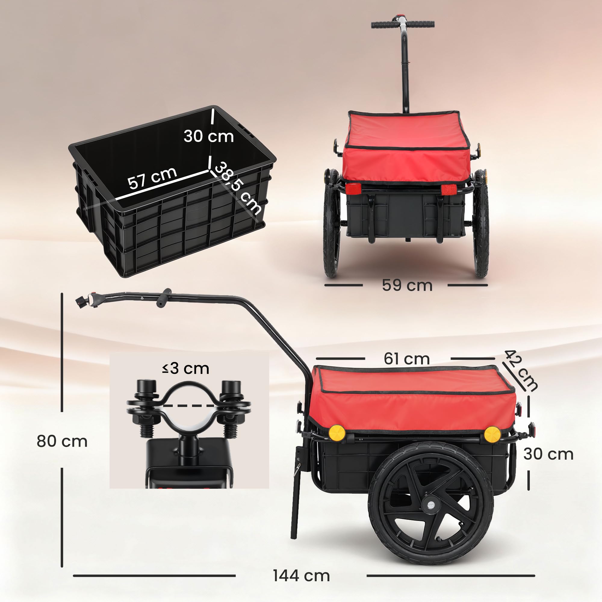 HOMCOM Remolque de Bicicleta para Carga 40 kg, Carro de Mano con Cubierta de Tela Oxford Impermeable, Reflectores, Marco de Acero y Asas para Transporte de Equipaje, 144x59x80 cm