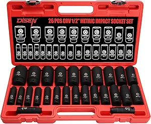 DISEN 26 Pcs Metric 1/2" Impact Socket Set, Deep Sockets Set Impact, 6-Point,Cr-V,Rugged Construction 1/2 Inches Drive Socket 10mm - 36mm, with a Storage Cage
