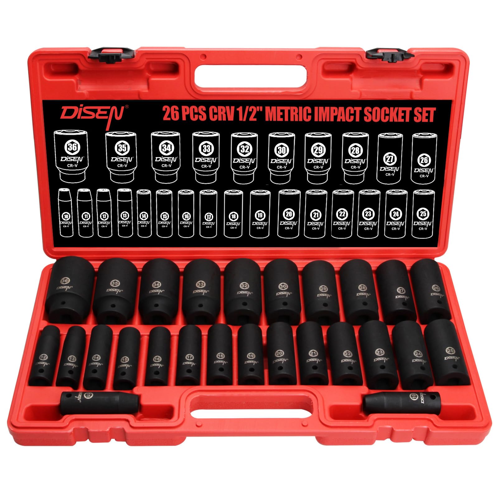 DISEN 26 Pcs Metric 1/2" Impact Socket Set, Deep Sockets Set Impact, 6-Point,Cr-V,Rugged Construction 1/2 Inches Drive Socket 10mm - 36mm, with a