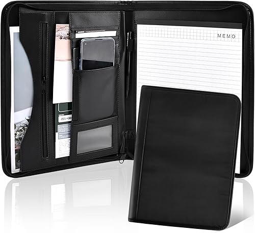 Miniatura 7 de Organizador de padfolio con cremallera, carpeta de cuero con bloc de notas A4, carpeta de cartera de negocios para documentos, teléfono y tarjetero